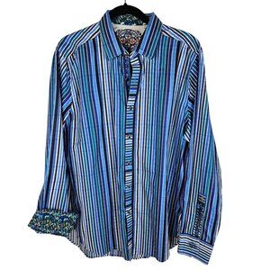 Robert Graham Mens Flip Cuff Classic Fit Striped Shirt Large Blue Embroidered